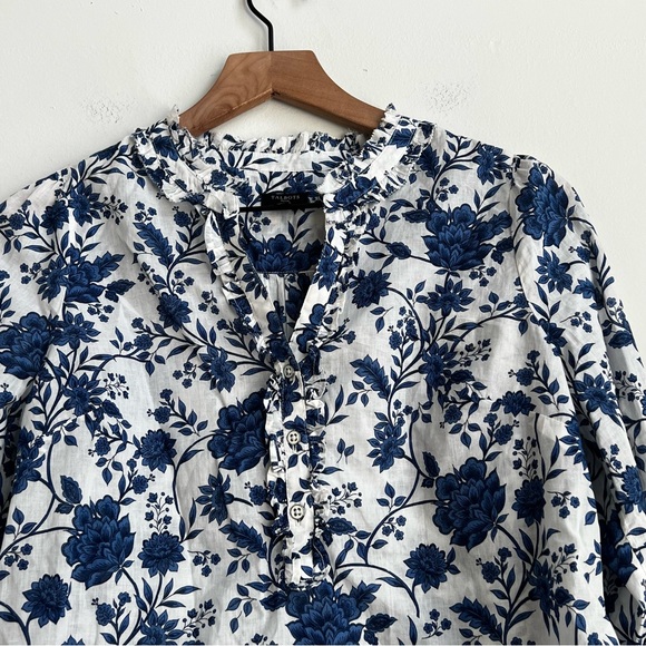Talbots Popover Petite S Vibrant Floral Ruffle Trim Blouse Blue Coquette Cottage - Picture 3 of 11